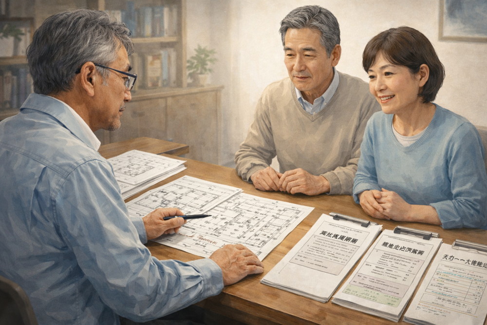 耐震診断の第一歩は、ヒアリングと図面・資料の確認から始まります。建築確認申請書や登記事項証明書、売買契約書、増改築時の契約書、各種図面をもとに、建物の履歴と現状を丁寧に整理し、これからの暮らしにつながる耐震診断を行います。