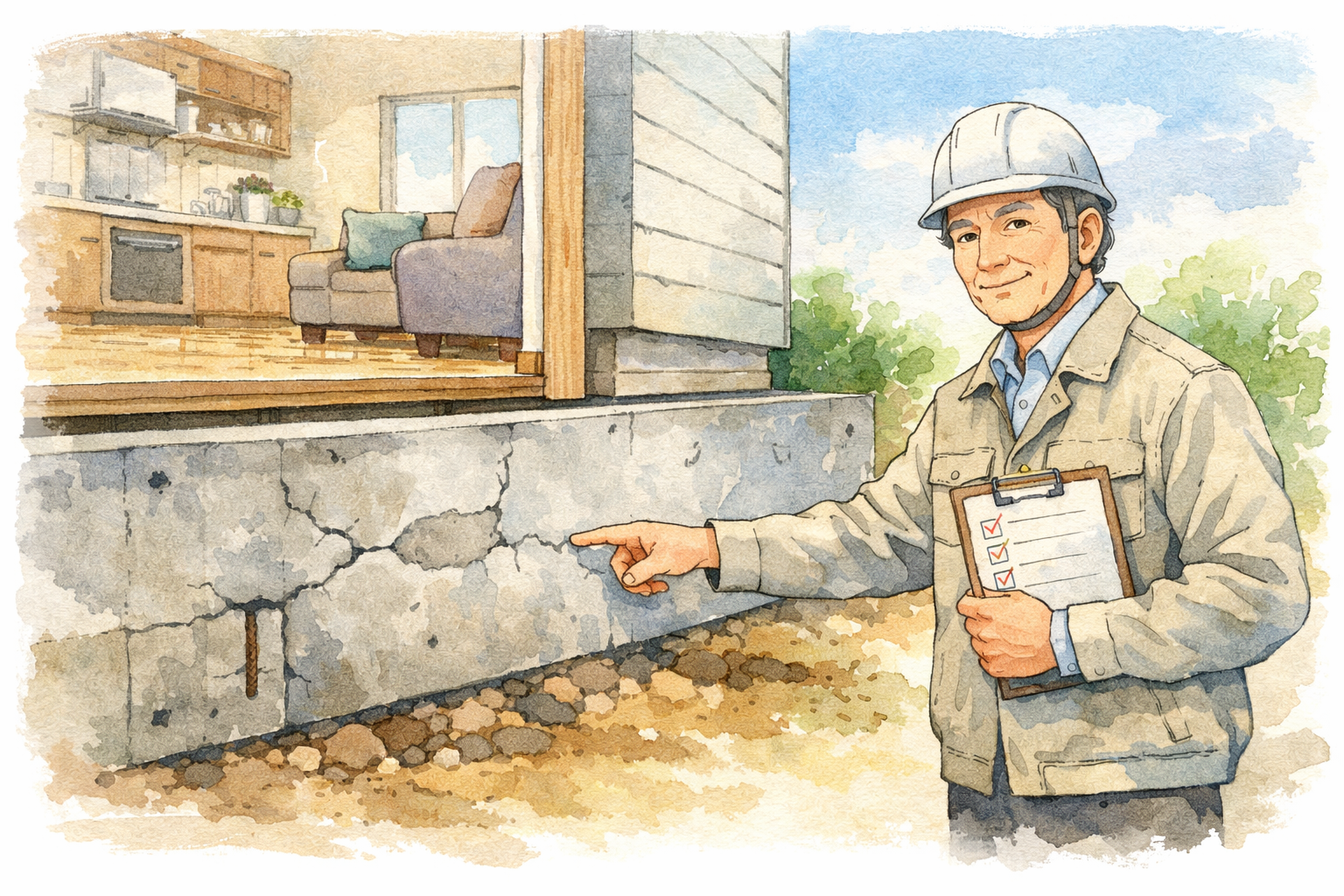 中古住宅購入で見落とされがちな「基礎コンクリート」を専門家目線で解説。ひび割れ・補修跡・不同沈下など、購入前に必ず確認すべきチェックポイントを分かりやすくまとめました。