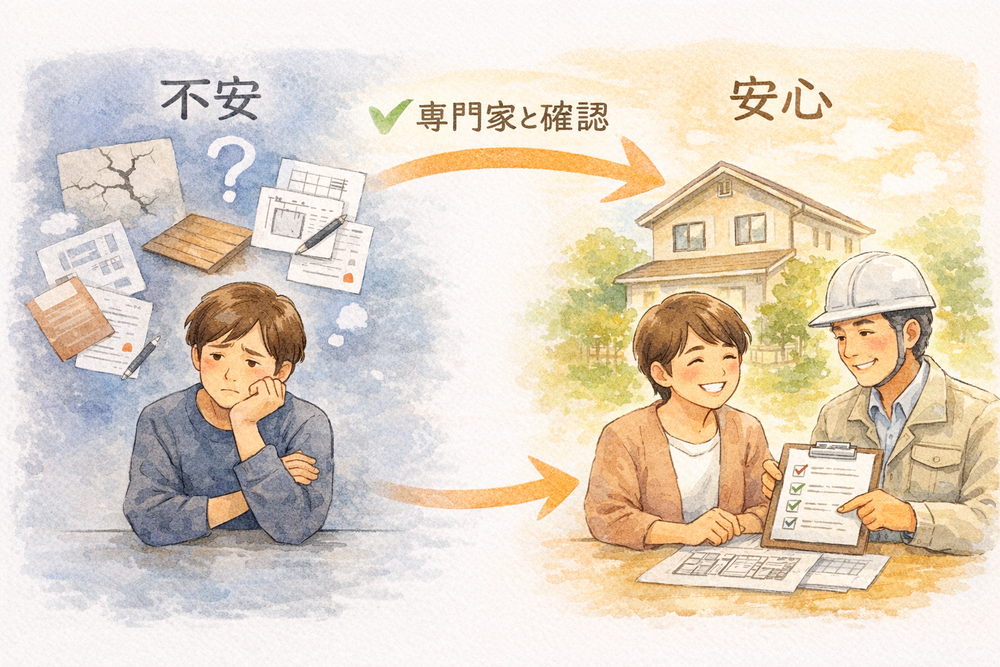 「あんしん住宅相談室」では、住まいに不安を持たれている方のために、徹底的に現地調査・診断（※インスペクション）を行い、適切なアドバイス、ご提案により「不安」を「安心」にかえます。
