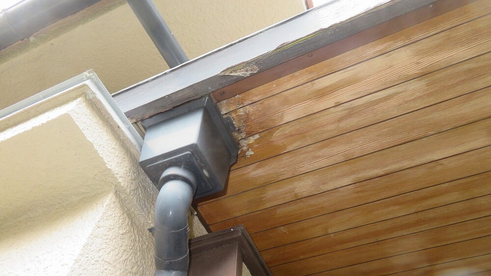 築40年の木造住宅で発生した庇（鉄板貼り）排水口まわりの漏水事例を解説。軒裏腐食の原因、放置した場合の構造リスク、適切な調査方法と板金防水の改修ポイントを建築士の視点で詳しく紹介します。